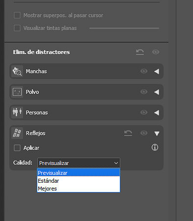 Menu Quitar reflejos